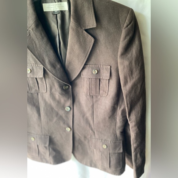 TAHARI Arthur S. Levine Brown Linen Blazer Jacket 12 Petite 3 Button Collared - Picture 3 of 7